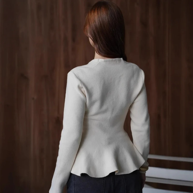 Tornova طويلة الأكمام لوتس ليف سوينغ سترة مشغولة من الصوف المرأة الصلبة الخامس الرقبة ضئيلة واحدة الصدر أنيقة متماسكة سترة معطف الإناث #4