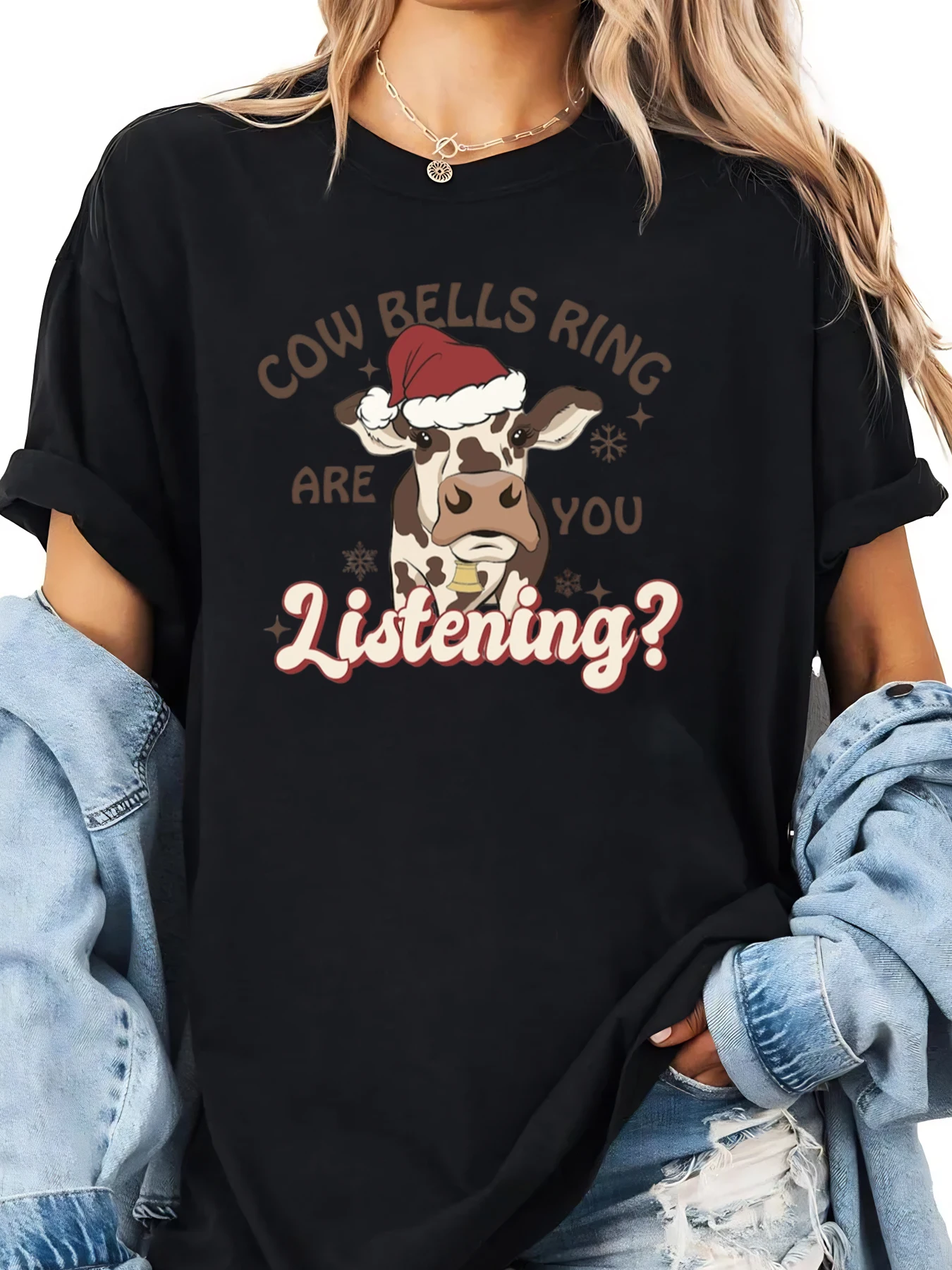 

Cow Bells Ring Are You Listening Christmas Cow Print T-shirt Women Casual Holiday Outfit Black Plus-size