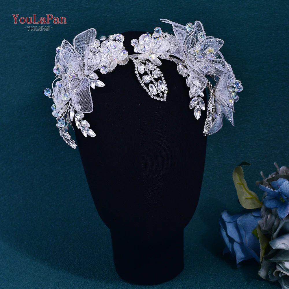 YouLaPan Bride Hair Ornament for Mesh Flower Handmade Rhinestone Leaf Wedding Hair Hoop Elegant Women Party Headband HP712