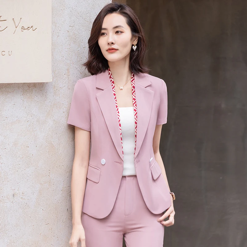 

Elegant Summer Short Sleeve Formal Women Business Suits with Pants and Jackets Coat Blazers Pantsuits Professional Trousers Set