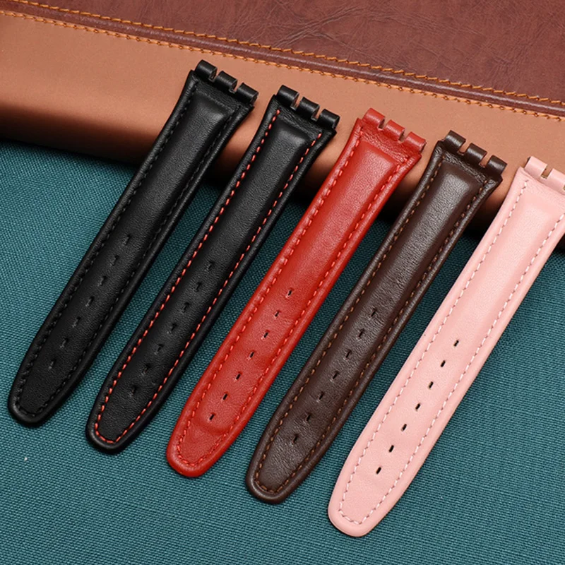 Cowhide bracelet for swatch Strap Plain watch band 17mm 19mm Wrist Strap red Watchbands Women man watch belt accessories