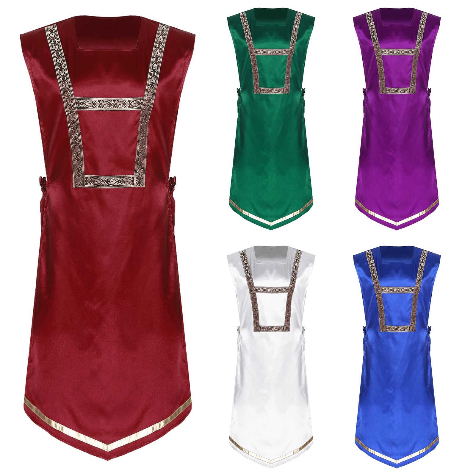 Túnica de dança de adoração de louvor masculina traje litúrgico robe sem mangas chique guarnição lateral rendas cetim pulôver robe dança lírica