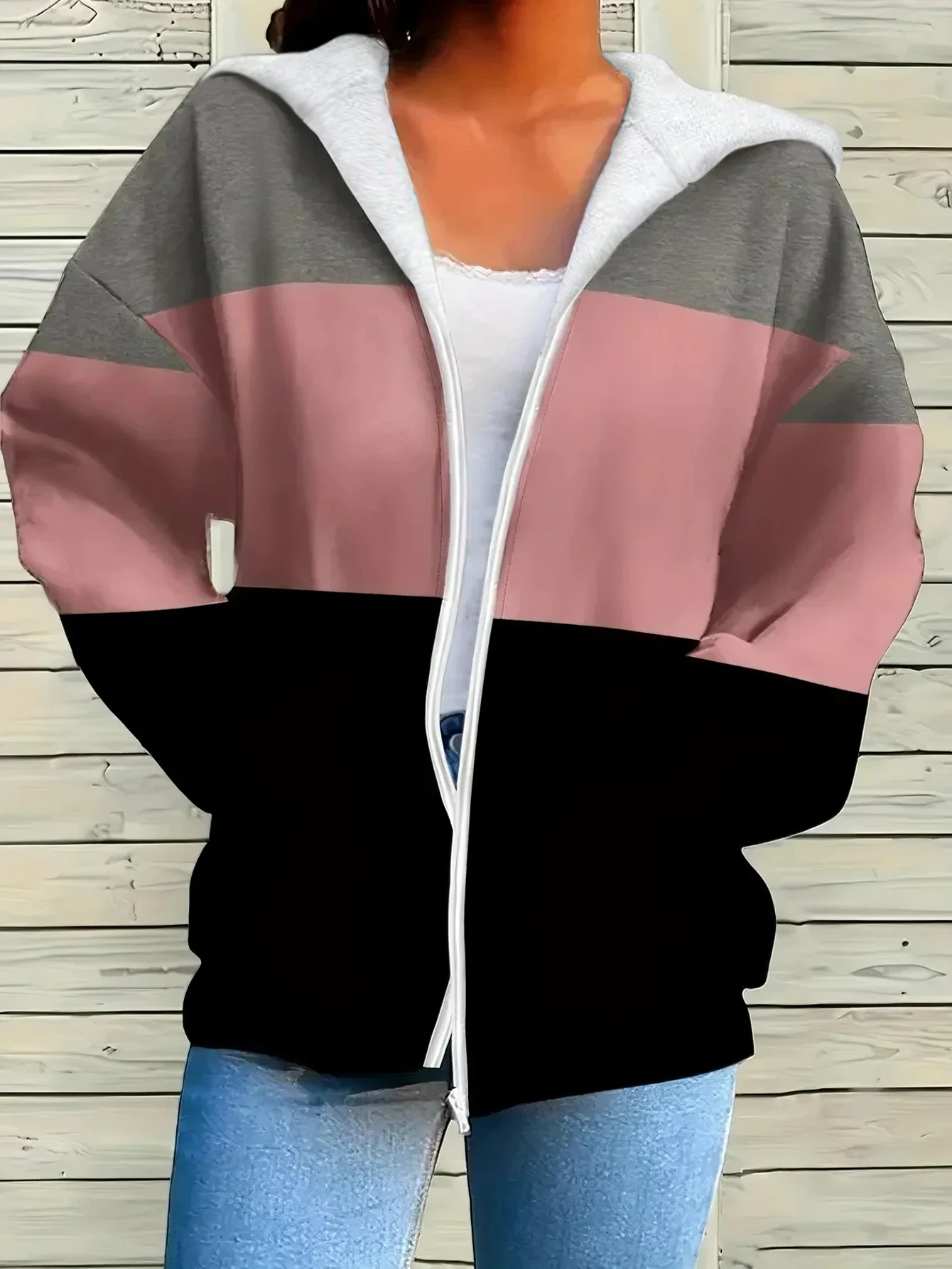 Plus Size Women Zip Up Hoodie Jacket, Long Sleeve Color Block Hooded Sweatshirt, Loose Casual Fall Winter Outerwear