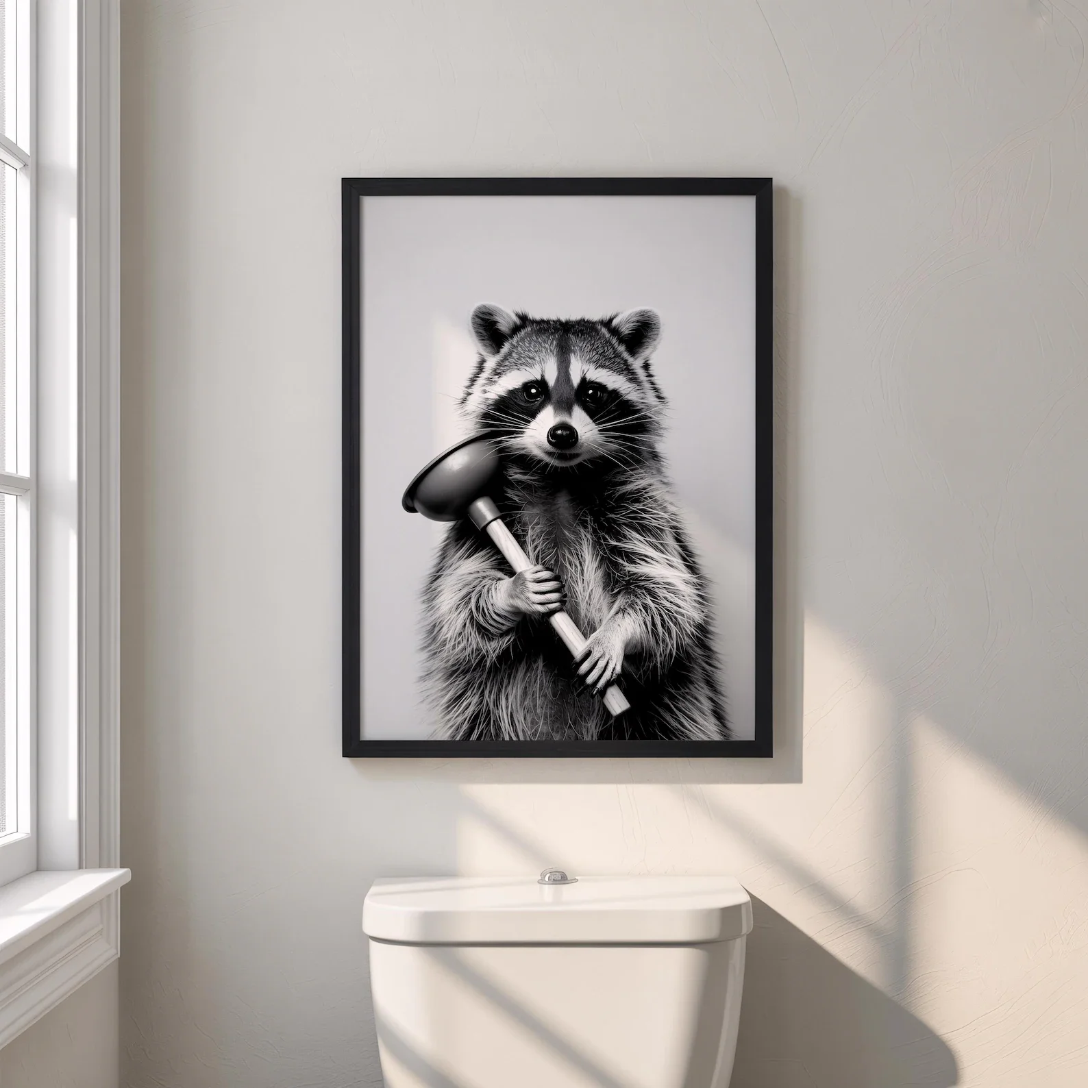 Funny Raccoon Wall Art Print - Black and White Animal Decor for Bathroom - Humor Decor For Toilet Or Guest Bathroom