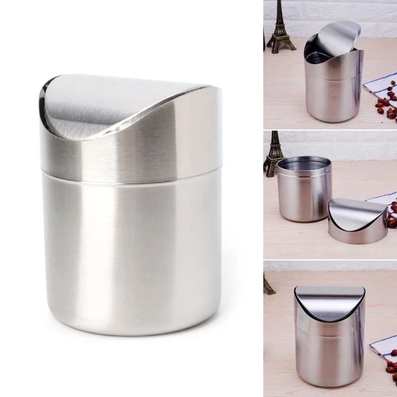 Stainless Steel Desk Trash Bin Countertop Waste Can With Swing Lid 1.5 L