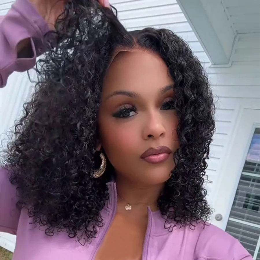 

Deep Wave Glueless Wigs Human Hair Ready to Wear Curly Bob Wig Lace Front Wigs Wear And Go Pre Plucked Pre Cut Lace Closure Wigs