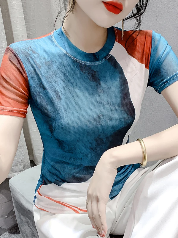 디자인 센세이션 컬러 블로 프린트 미 오르트 스웨 티셔츠 여성용 여름 신상 슬림 핏 편안한 베이스 레이어 티셔츠