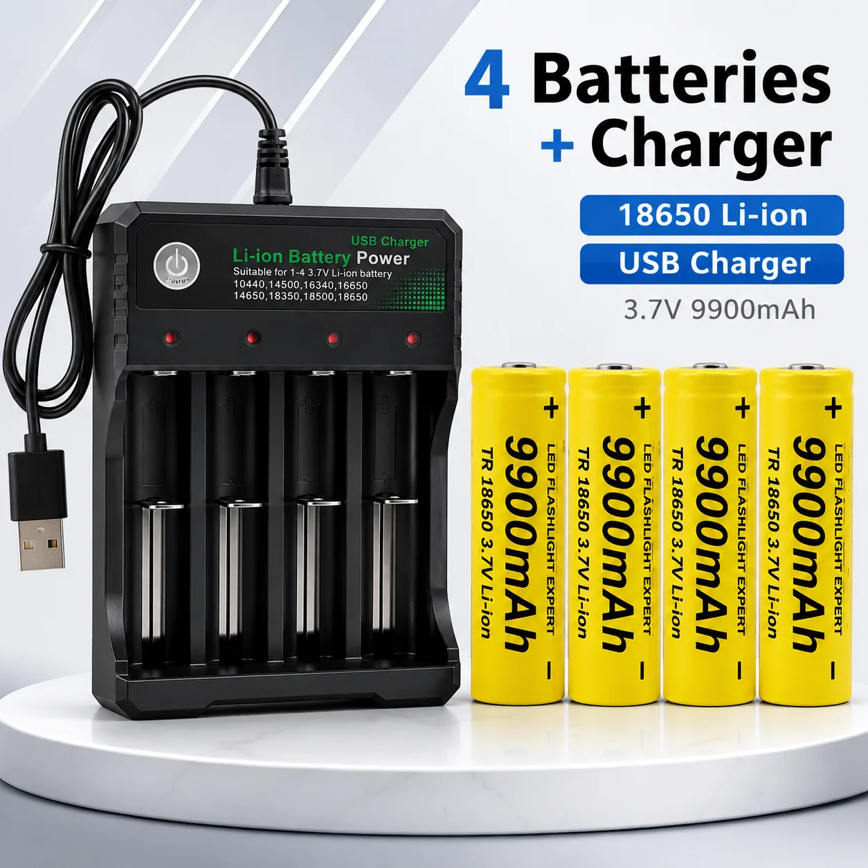 18650 Li-ion Battery 3.7V 9900mAh Standard Drain Rechargeable Cell with USB Charger for LED Flashlight Lamp Wholesale