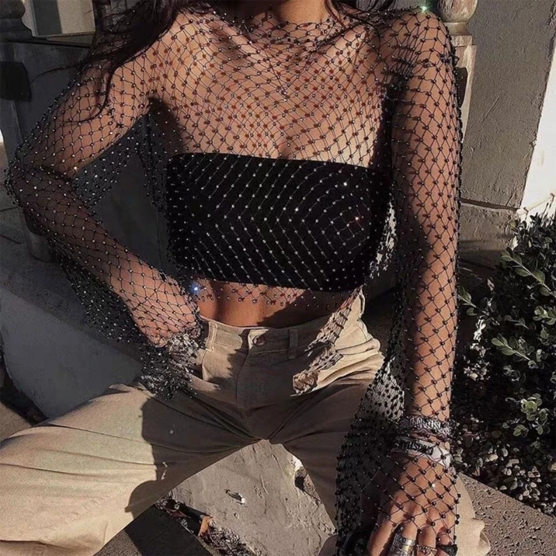 KLV Women Summer Sexy Sheer Mesh Flare Long Sleeve T-Shirt Glitter Rhinestone Diamond Fishnet Shirts Beach Cover Up Crop Top