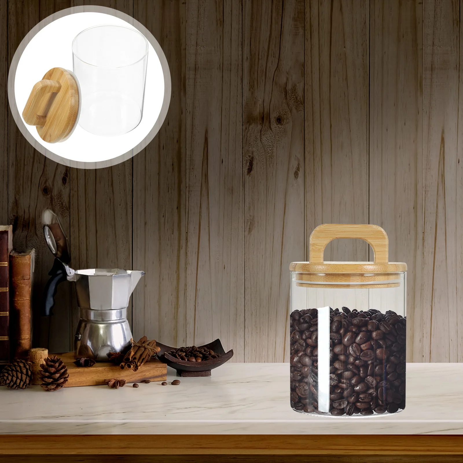 

Handheld Glass Container Large Capacity Airtight Clear Glass Storage Jar Bamboo Lid Coffee Bean Food Kitchen Use