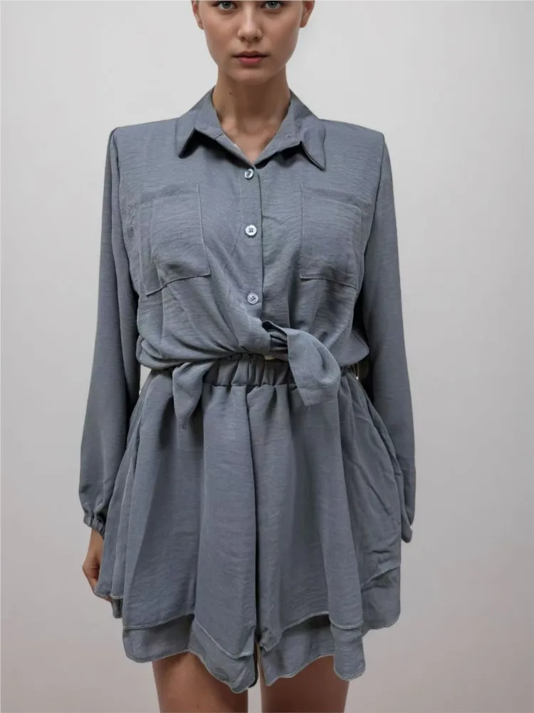 

Women's Elegant Shorts Two-piece Set Fashion Solid Color Long Sleeved Top Loose Layered Shorts Set Women's Summer Beach Clothing