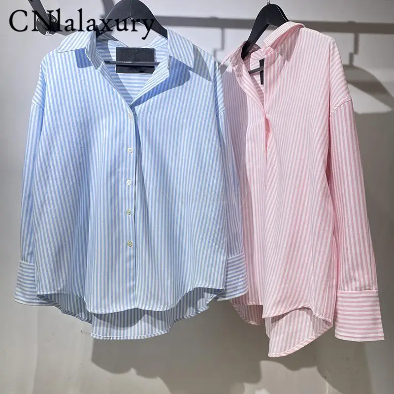 CNlalaxury 2023 New Summer Woman Striped V-neck Single-breasted Button Shirt Fashion Loose Casual Blouses Female Tops Chic