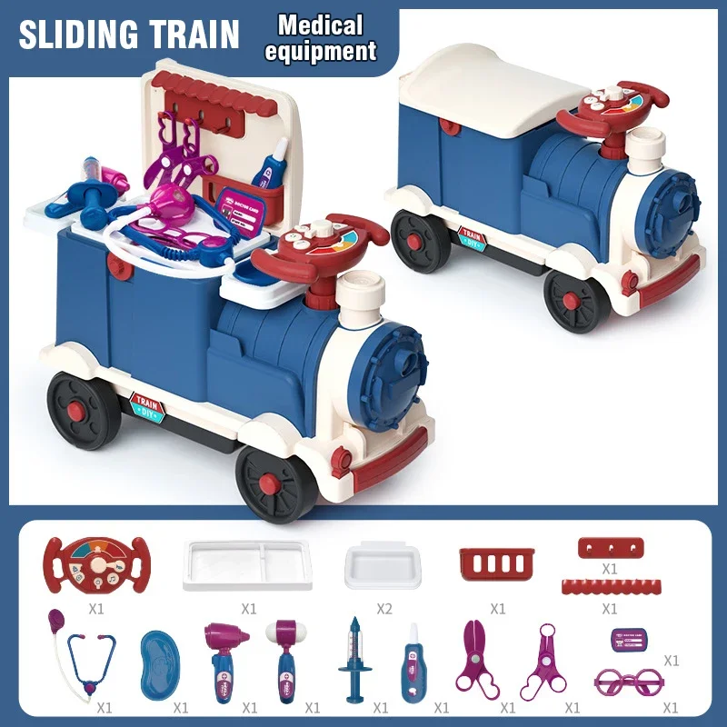 أداة Playset 3In1 لعب الأدوار ركوب على صندوق تخزين القطار معاطف للأطباء والممرضات المطبخ التظاهر اللعب صندوق عربة هدايا للأطفال بنين بنات