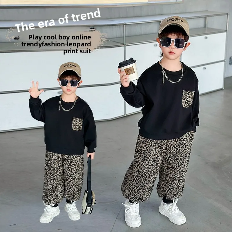 

Весенне-осенний хлопковый свитшот для мальчиков + леопардовые штаны, комплекты из 2 предметов, детский спортивный костюм, детская одежда, студенческий спортивный костюм