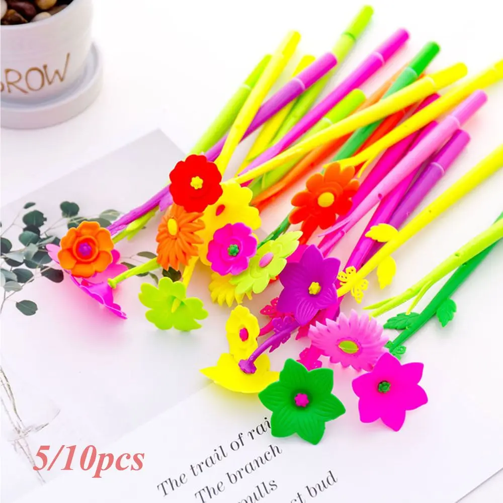

5/10pcs Color Random School Colorful Stationery Ballpoint Pen Black Ink Soft Silicone Flowers Gel Pen
