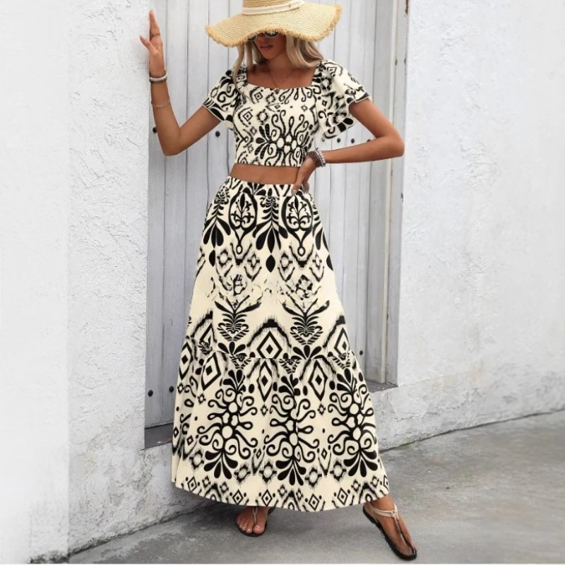 2025 Summer Fashion Plant Flower Printed Casual Vacation Street 2 Piece Set Women Square Neck Short Sleeve Crop Top Maxi Skirt