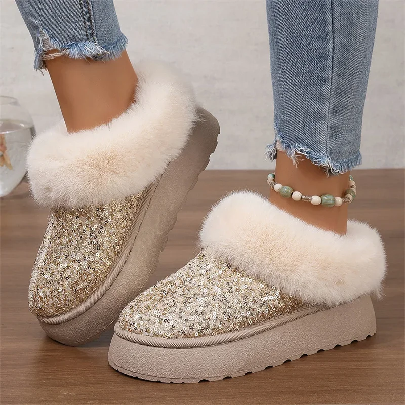 

Warm Sexy Thick-soled Autumn/winter Plush Plus Velvet Sequined Snow Boots Comfortable Fashionable Large Size Slip-on Women