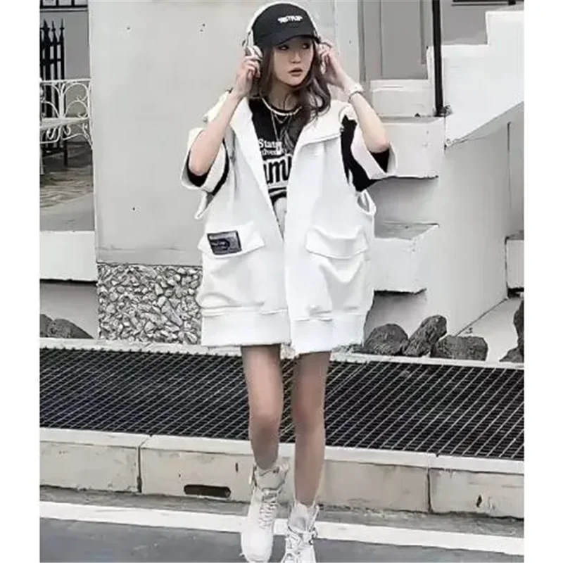 Spring Autumn Mid-Long Large Size Hooded Vest Coat Women 2024 New Fashion Loose Casual White Pure Colour Waistcoat Female