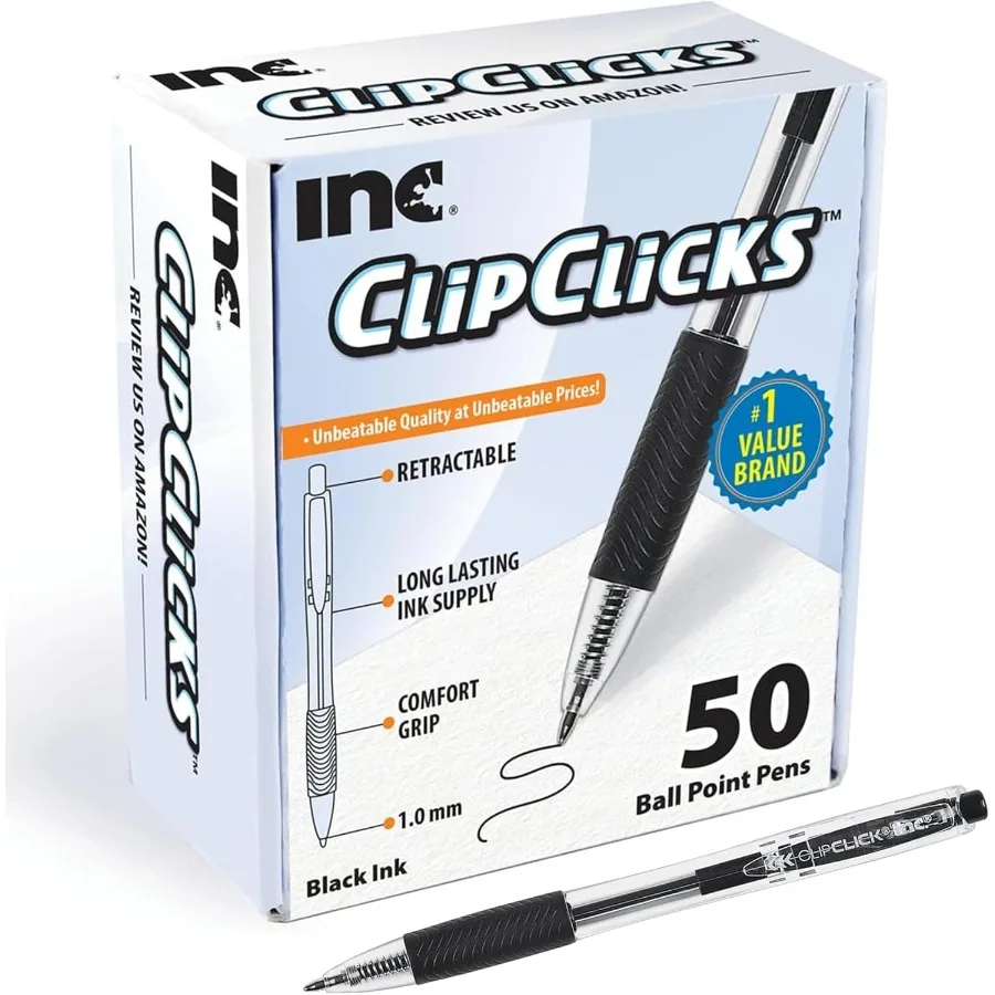 ClipClicks Retractable Ballpoint Pens Bulk 1.0mm MediumPoint Pen Set With Comfort Grip for School Office Writing and Journaling