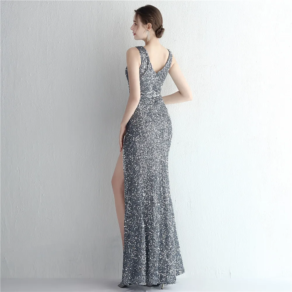 Elegant V-Neck Sequin Floor-Length Prom Dress with Split New Arrival