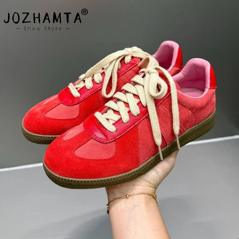 JOZHAMTA Vintage Sneakers Women Real Leather Lace-Up Low Heels Shoes Casual Flats Spring Tennis Dress 2025 Trainer Size 35-40