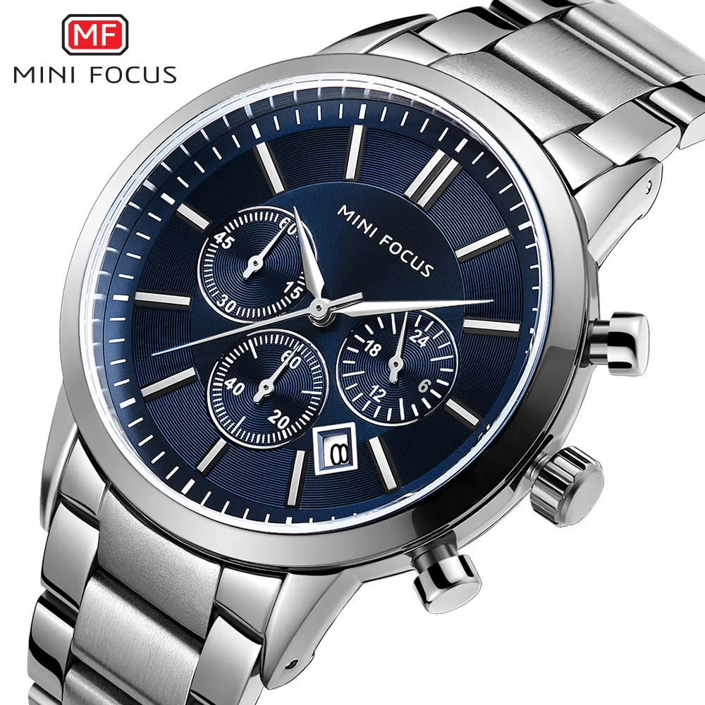 MINI FOCUS 0188 Men Quartz Watches Blue Business Simple Fashion Date Analog Display Stainless Steel Strap Wristwatches for Male