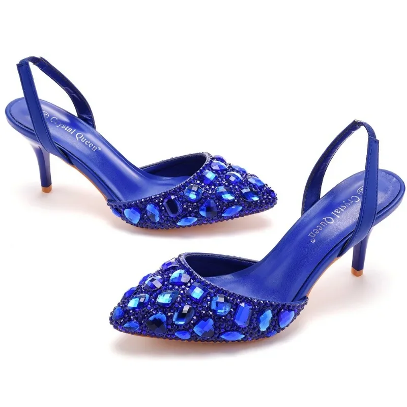 Women Sandals Height Increasing Rhinestone PU 7CM Thin Heels Slip On Bride Wedding Banquet Wedding Women\'s Shoes Dark Blue