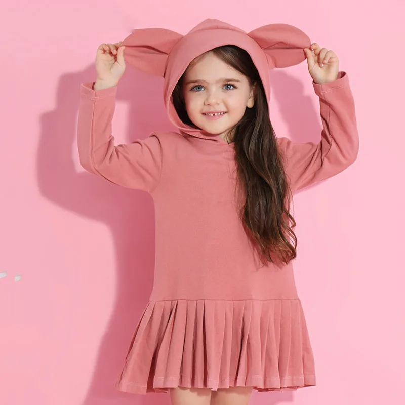 2-3 Year Old Girl Baby Rabbit Ear Wearing Hat Long Sleeved Pleated Sweatshirt Dress Autumn Promotion