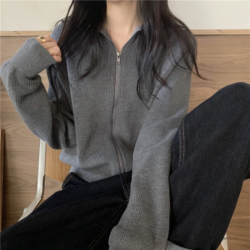 

American Retro ey Knitted Sweater Coat Women's Autumn Winter High Quali Zipper Long Sve Turn-down Collar Open Cardigan
