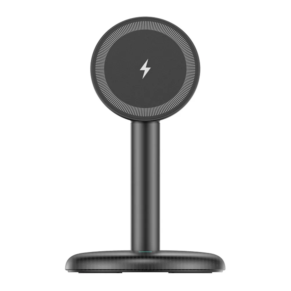 

Беспроводная зарядная подставка с магнитной фиксацией, выходом 15 Вт, вращением на 360° и наклоном на 60° для стола или прикроватной тумбочки, черная, ABS, 8.7x8.6x13.6см