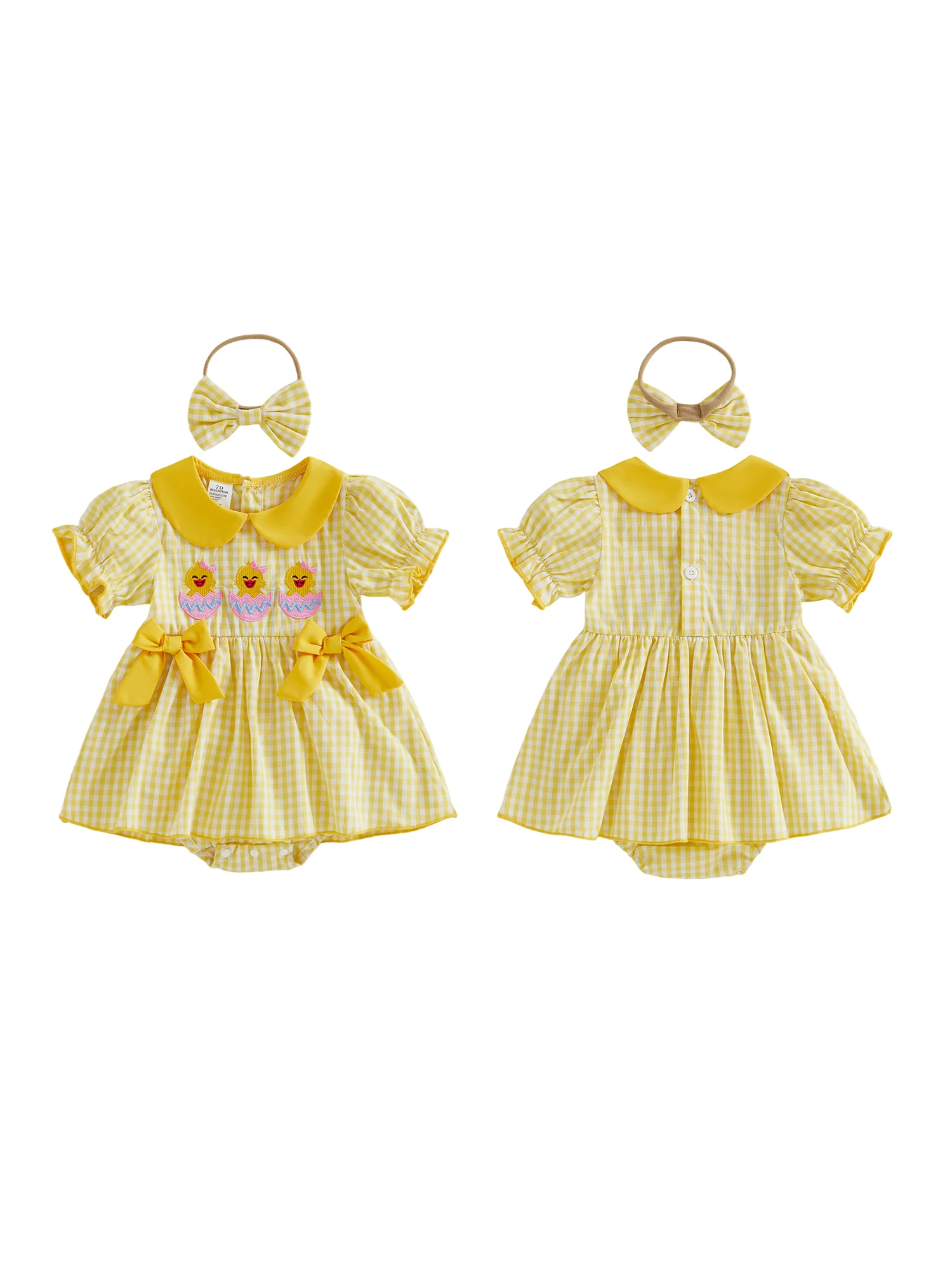 

Toddler Girl Easter Outfit Ruffle Sleeve Bunny Embroidery Floral Print Romper Dress with Matching Headband and Shoes