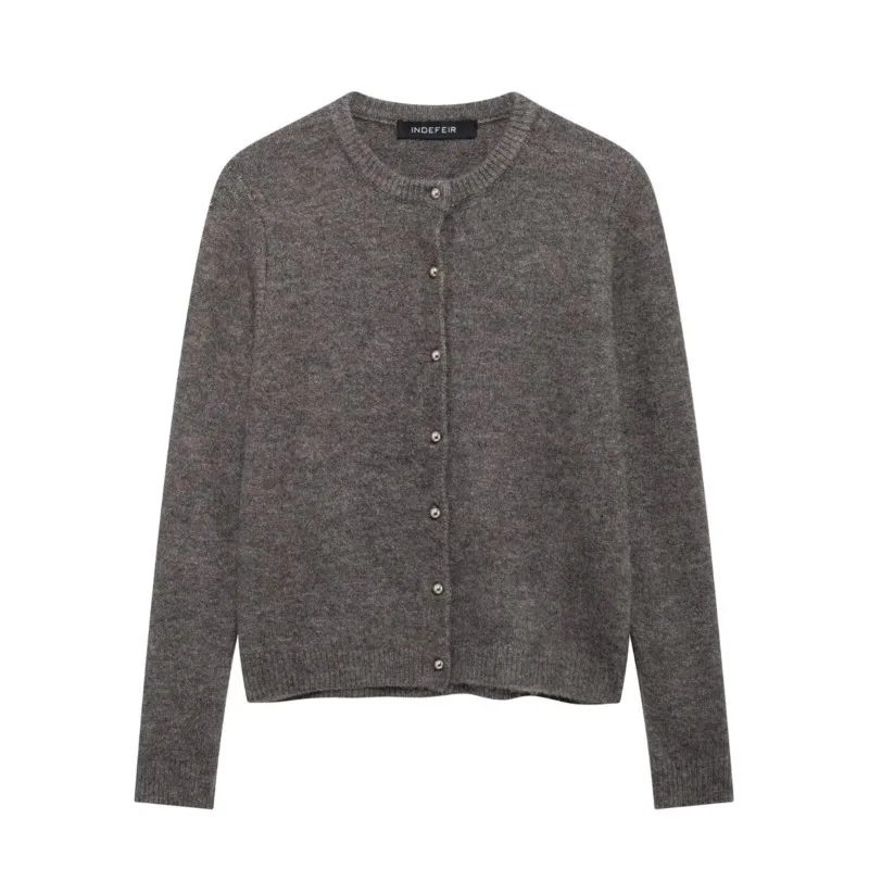 

Spring Women Cardigan with Metal Button Vintage O Neck Long Sleeve Ribbed Trims Simple Women's Sweater Elastic Female Tops