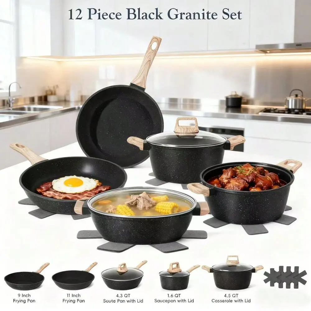 

Nonstick Cookware Set Induction Compatible Granite Coated Pots Pans Kit With Frying Pans, Nonstick Kitchen Cookware Set With Re