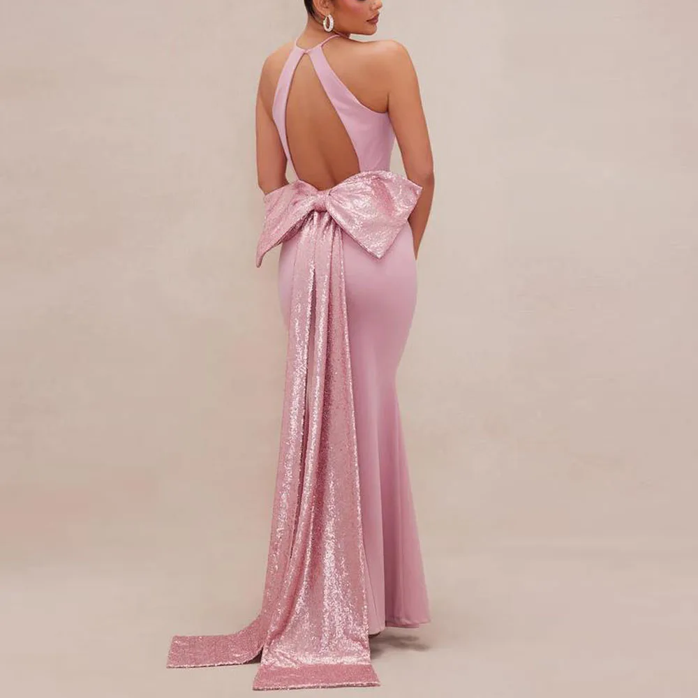 

Customized Big Bow Tie Embellished Pink Dresses O Neck Backless Evening Gown Satin Mermaid Wedding Guest Dress for Women