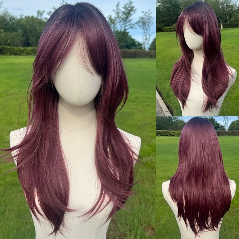 

Ombre от фиолетового до черного, термостойкий парик из синтетических волос, свободный вьющийся парик средней части с розовой сетчатой кепкой, косплей на Хэллоуин