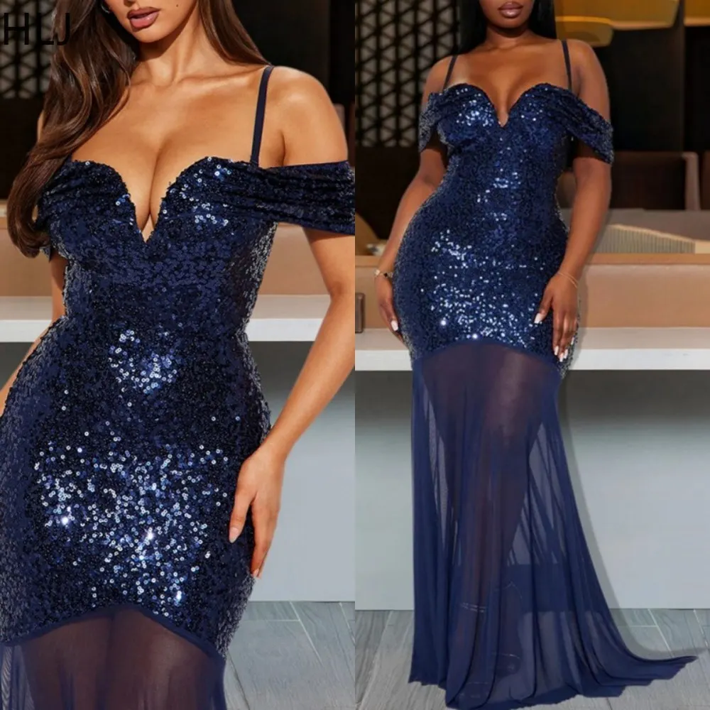 

HLJ Fashion Sequin Splicing Bodycon Evening Party Long Dresses Women V Neck Spaghetti Strap See Though Slim Vestidos Sexy Robe