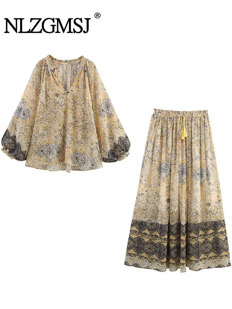 

NLZGMSJ 2025 комплекты юбок для женщин, наряд из двух предметов, модная рубашка с металлической нитью + юбки с принтом, комплект, элегантный женский костюм