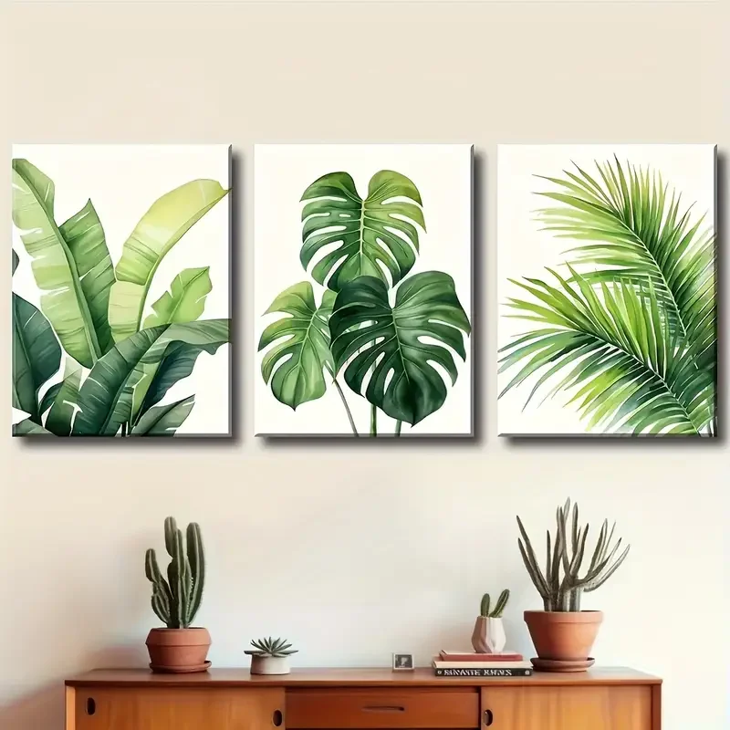 3pcs of Tropical Leaf Canvas Wall Art Set, Art Deco Style, Spring and Summer Themes, High-Resolution Print, No Framed with Pine
