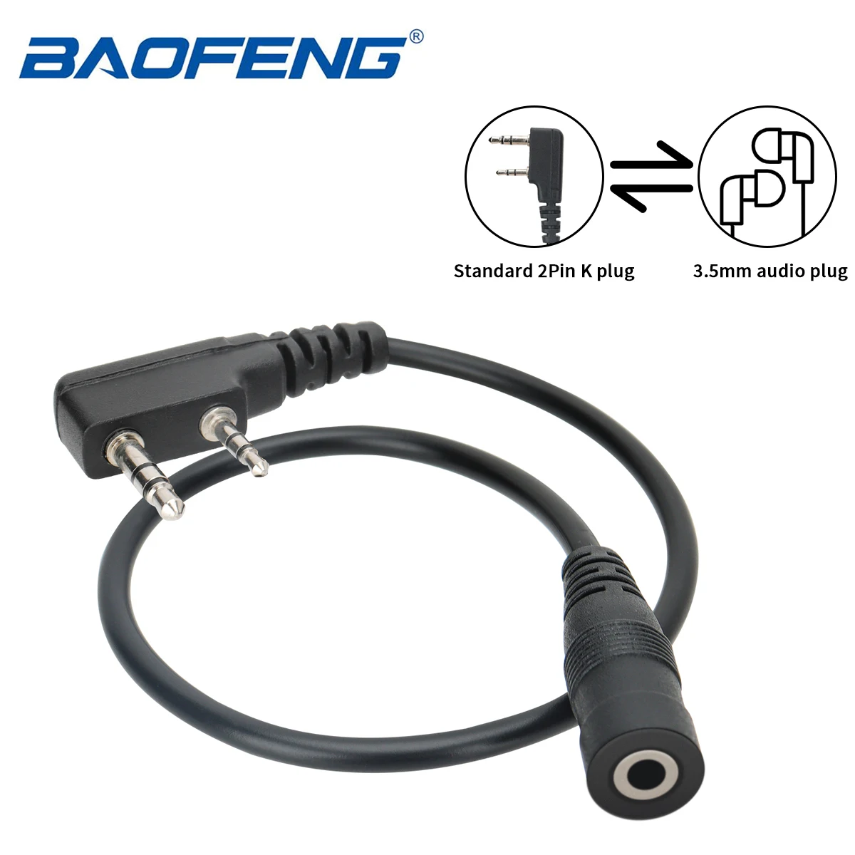 BAOFENG 2-pinowy do 3,5 mm adaptera zestawu słuchawkowego Walkie Talkie Kabel adaptera słuchawki do radia dwukierunkowego BAOFENG UV-5R BF-888S