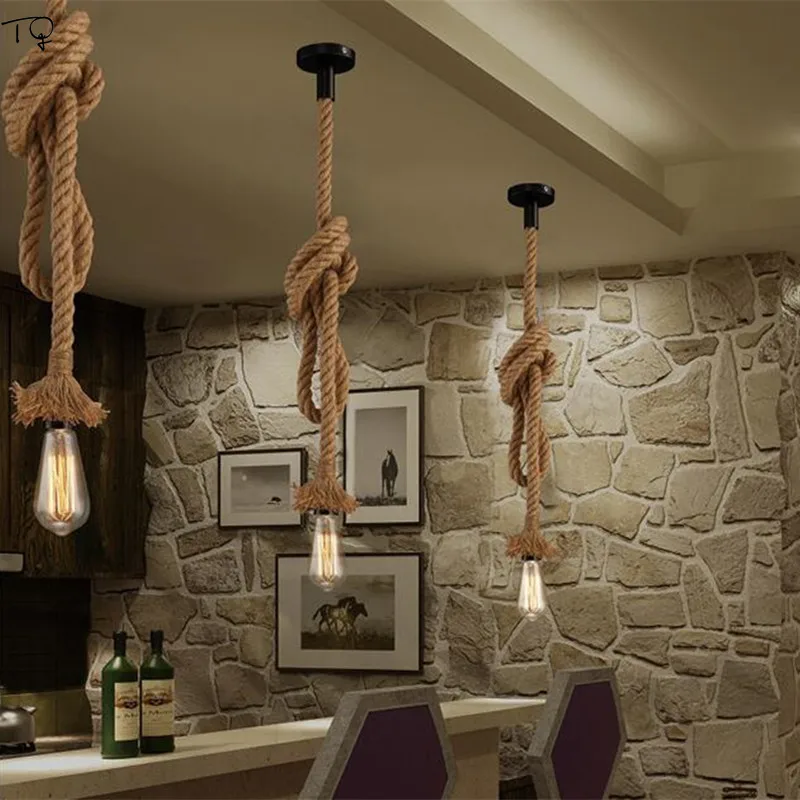 American Country Style Retro Rope Pendant Light Industrial Vintage Restaurant  Cafe Loft Decor Luminaire Living Room Single Head