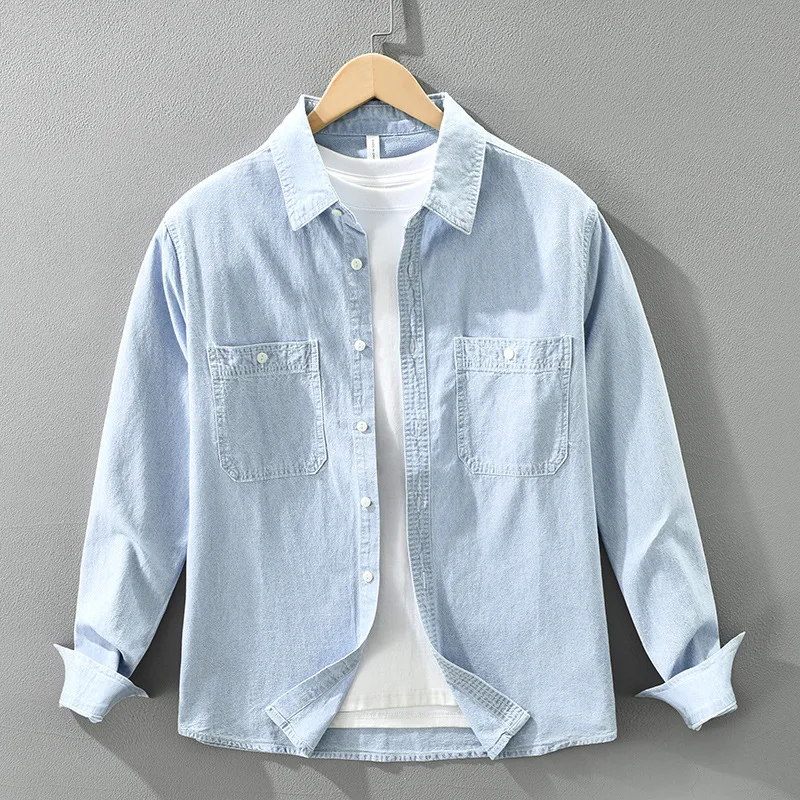 Japanese workwear denim long sleeved shirt for men, fashionable and versatile, artistic and casual, loose pocket design top