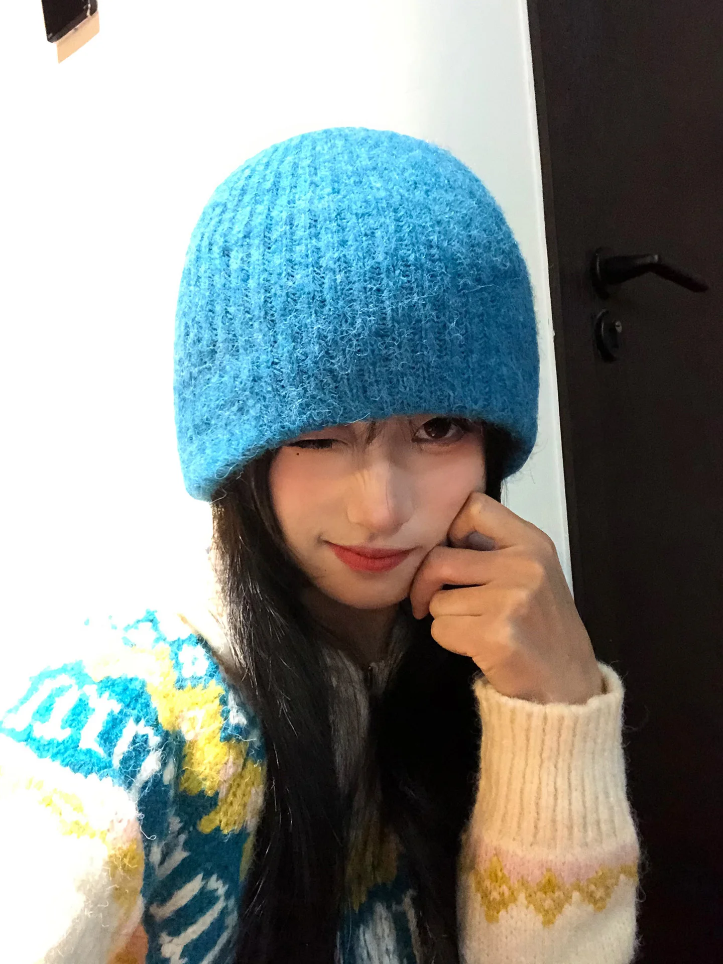Korean Style Warm Knitted Woolen Hat Women's Autumn Winter Anti-Cold Big Head Circumference Blue Cap-Over Hat Casual Fashion