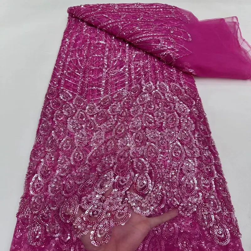 Ultra Luxo Bordado Tule Laço, Tecido De Malha De Casamento Artesanal, Todos Os Tubos De Contas Pequenas, Lantejoulas Africanas, Pano Francês Pesado, TS2810