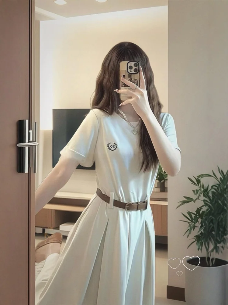 Chic rond Ne T-shirt épissé Dr femmes grande taille été minceur jupe Midi français Sle taille haute fibre de Polyester