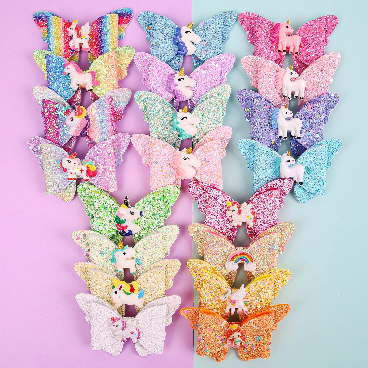 4PCS Cute Unicorn Hair Bows with Clip Girls 3inch Glitter Butterfly Hair Bows Hairpins Barrettes Kids Children Hair Acesssories