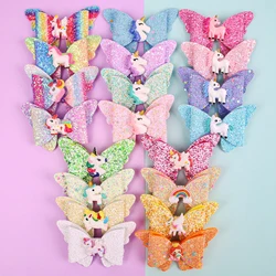 4PCS Cute Unicorn Hair Bows with Clip Girls 3inch Glitter Butterfly Hair Bows Hairpins Barrettes Kids Children Hair Acesssories