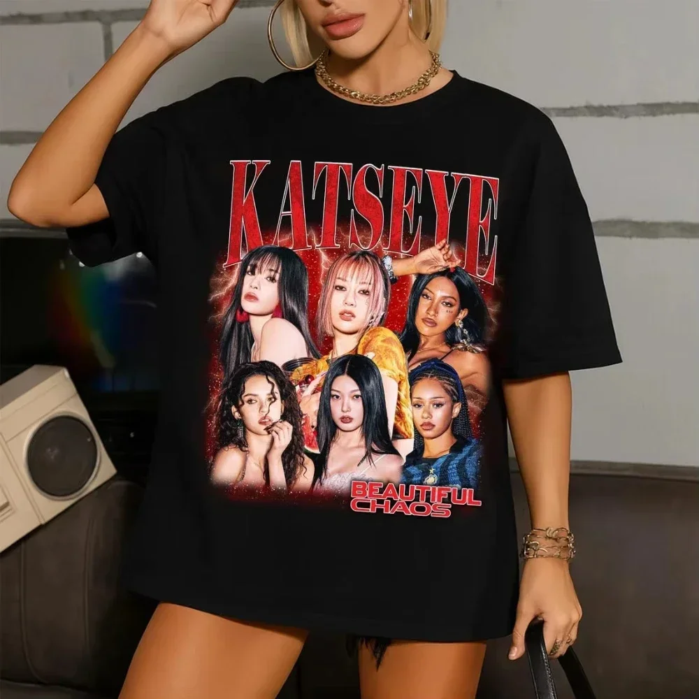 الرجعية Katseye جميلة الفوضى تي شيرت Kpop المحملة امرأة ورجل المتضخم المحملة الجرافيك تي شيرتات قصيرة الاكمام للجنسين الرجال النساء الصيف #2