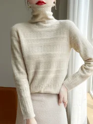 New 100% Merino Wool Knitwear Women Sweater Spring Autumn Curling Edge Turtleneck Wave Solid Color Wool Pullover Casual Tops