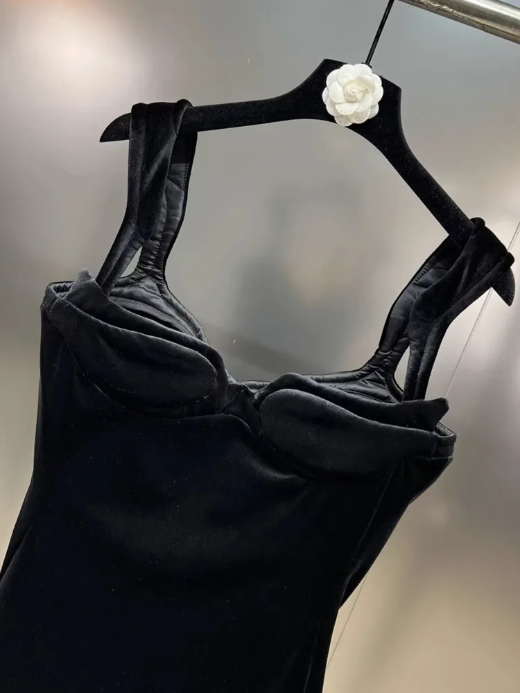 DFDG Women's Summer Black Velvet Cami Dress Sleeveless Bustier Dress Elegant Party Clubwear 2025 Trendy Feminine Fashion Dress