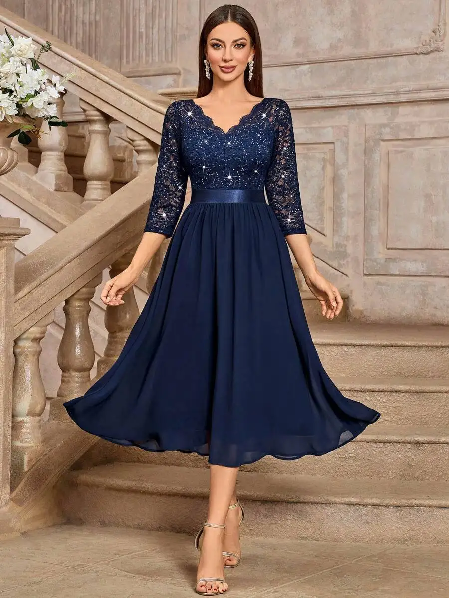 

Elegant Blue V-Neck Sequin Lace Chiffon A-Line Midi Dress With 3/4 Sleeves For Wedding Guest Cocktail Party